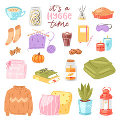 Hygge vector cozy home warm knitting sweater in autumn hot cup of coffee to relax in winter morning weekend illustration set of books pillows aroma candle for comfort mood isolated on white background