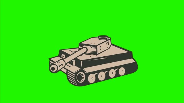 2d Animation motion graphics showing a retro style German world war two panzer battle tank firing on white screen and green screen in  HD high definition.