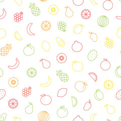 Vector seamless pattern of outline colorful fruits such as avocado, apricot, orange, pineapple, peach, mango, grape, pear, apple, pomegranate, banana, kiwifruit, watermelon, lemon