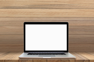 Blank screen laptop on wood table and wood texture background
