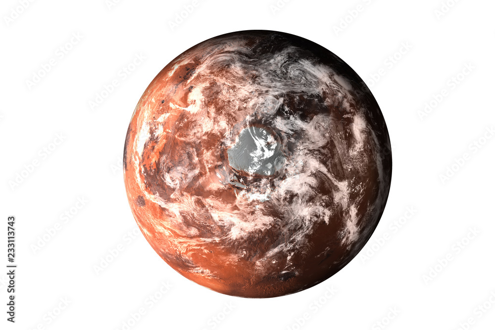 Wall mural planet mars with atmosphere top side of solar system render isolated on white background. north pole