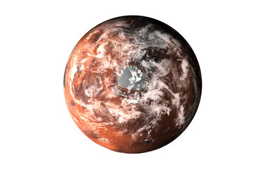 Planet Mars with atmosphere top side of solar system render isolated on white background. North pole. Elements of this image furnished by NASA.