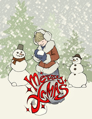 Merry christmas title illustration. Bright red elegant lettering on an abstract and original background