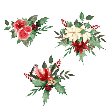 Christmas watercolor collection hand-drawn: deer bullfinch winter house pine cone flowers twigs branches berries frames wreaths seamless patterns bouquets invitations borders premade cards decor