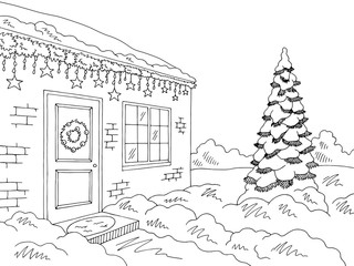 Christmas decor house exterior winter street graphic black white landscape sketch illustration vector