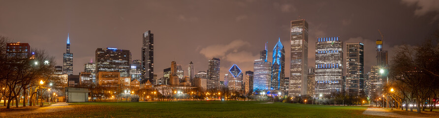 Wide Panorama of Downtown Chicago Skyline At Fall Season