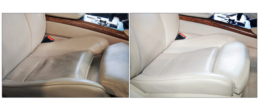 two photos in one: a dirty white car seat and clean the seat after the car wash