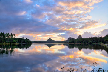 Lake early morning, sunrise with clouds reflections - Mauritius
