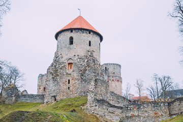 Old Casttle park at autumn. Yellow leafs, castle and architecture. Travel photo 2018.