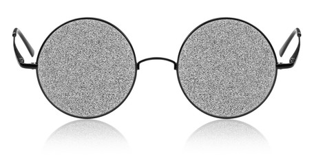 No signal TV noise in round glasses. Conceptual collage on white background.