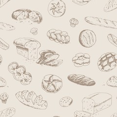 Hand drawn bakery and bread seamless pattern