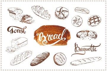 Hand drawn bakery icons set. Vector food sketches