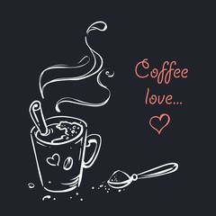 Hand drawn coffee cup with cinnamon. Vector poster