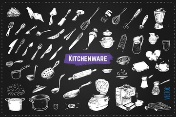 Hand drawn kitchen utencils. Set of kitchenware chalk drawing style vector icons on black background. Vintage doodles for design restaurant menus and decorating cookbooks and recipes