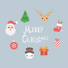 Merry Christmas cute Cartoon character flat design vector for greeting holiday in winter, Santa clues, Reindeer, Christmas Tree, Snowman, Christmas Ball, sock and Gift.