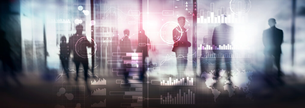 Business Intelligence. Diagram, Graph, Stock Trading, Investment Dashboard, Transparent Blurred Background.