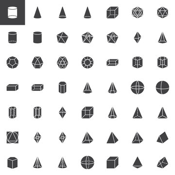Geometric shapes vector icons set, modern solid symbol collection, filled style pictogram pack. Signs, logo illustration. Set includes icons as Cylinder, Cone, Dodecahedron figure, Hexahedron form
