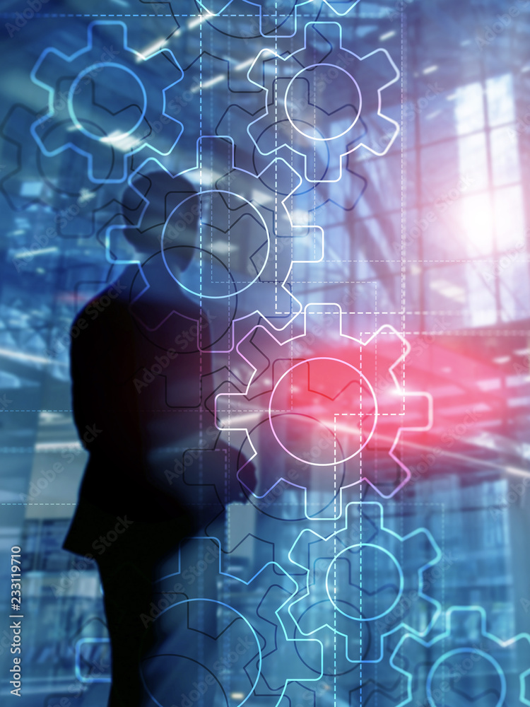 Wall mural double exposure gears mechanism on blurred background. business and industrial process automation co