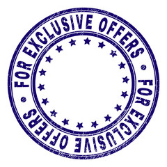 FOR EXCLUSIVE OFFERS stamp seal imprint with grunge style. Designed with circles and stars. Blue vector rubber print of FOR EXCLUSIVE OFFERS tag with grunge texture.