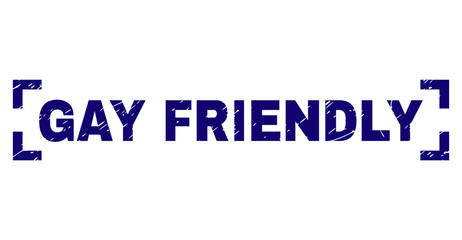 GAY FRIENDLY label seal print with corroded style. Text label is placed inside corners. Blue vector rubber print of GAY FRIENDLY with retro texture.