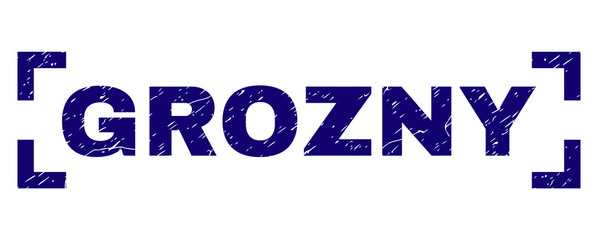 GROZNY label seal print with corroded effect. Text label is placed inside corners. Blue vector rubber print of GROZNY with corroded texture.