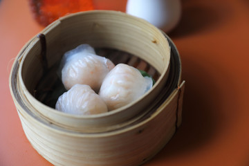 Dim sum on wood basket , Chinese food