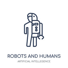 Robots and humans icon. Robots and humans linear symbol design from Artificial Intellegence collection. Simple element vector illustration. Can be used in web and mobile.