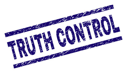 TRUTH CONTROL seal print with grunge style. Blue vector rubber print of TRUTH CONTROL text with grunge texture. Text caption is placed between parallel lines.