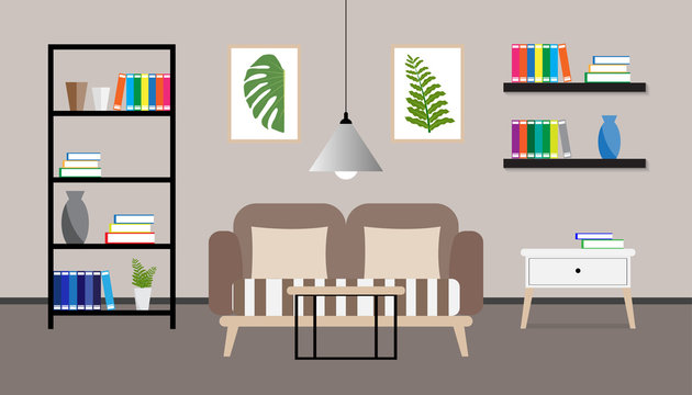 Flat design of living room interior with sofa, pillows, book, picture flame and carpet, vector illustration