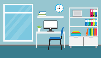 Flat design of modern workspace, office interior, vector illustration