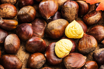 Roasted chestnuts served on an old table