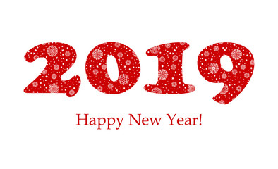 2019 new year greeting card. red text with snowflakes on white background. vector illustration