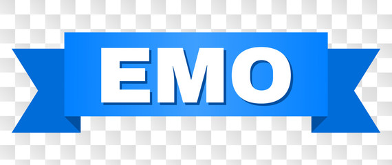 EMO text on a ribbon. Designed with white caption and blue stripe. Vector banner with EMO tag on a transparent background.
