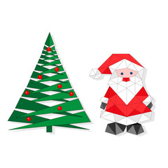 Cartoon Christmas vector illustration isolated on white. Funny happy Santa Claus character. For Christmas cards, banners, tags and labels. Poligonal. Eve tree.