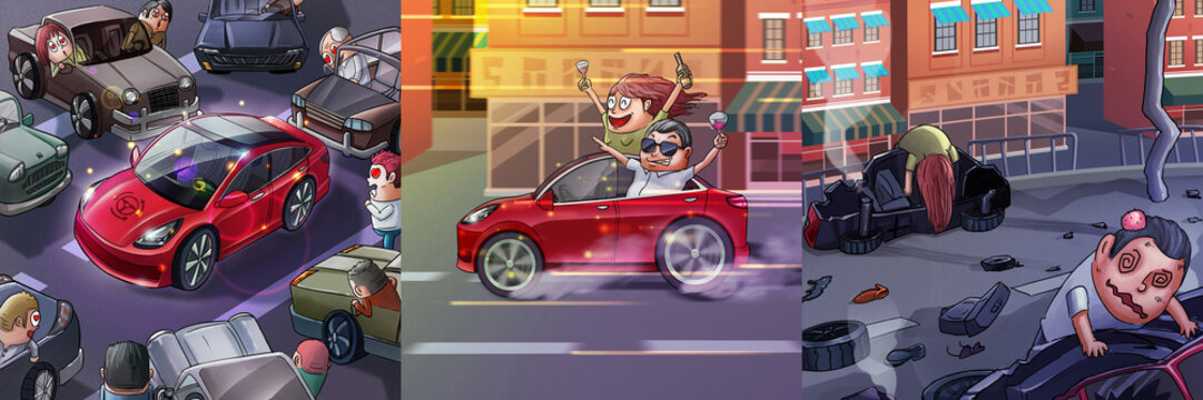 Car Accidient. Realistic Caricature Cartoon Style, Video Game's Digital CG Artwork, Concept Illustration Design
