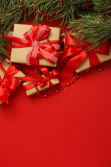 Bright New Year background with packed gifts