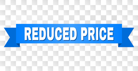 REDUCED PRICE text on a ribbon. Designed with white caption and blue stripe. Vector banner with REDUCED PRICE tag on a transparent background.