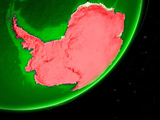 Antarctica on green Earth with network. Concept of connectivity. May represent air traffic, internet or telecommunications.