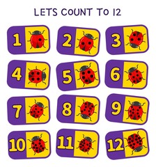 Kids learning material. Card for learning numbers. Number 1-10. Cartoon ladybag.
