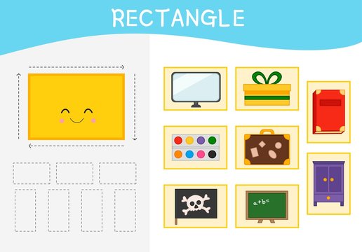 Worksheet for kids learning forms.  A set of objects in the rectangle form . 