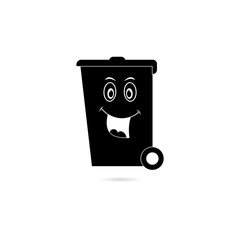 Black Happy smiling face cartoon trash bin icon or logo