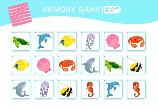 Memory game for preschool children, vector cards with  sea animals. Find two identical picture. Kids activity page for book. 