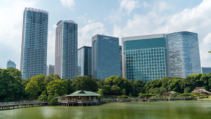Fototapeta na wymiar Hamarikyu Gardens is a large and attractive landscape garden in Tokyo, Chuo district, Sumida River, Japan