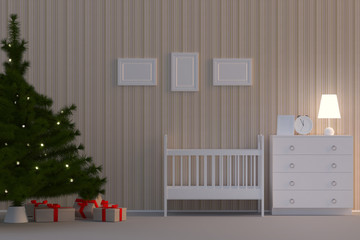 realistic 3D illustration. Childroom interior with a Christmas tree in biege colour