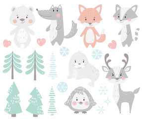 Reindeer, raccoon, seal, wolf, penguin, bear, fox baby winter set.