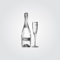 Hand Drawn champagne bottle and glass Sketch Symbol isolated on white background. Vector of champagne In Trendy Style. - 233131966