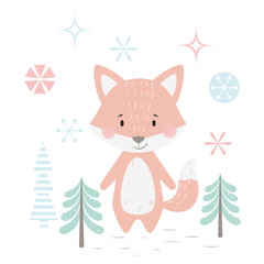 Fox baby winter print. Cute animal in snowy forest christmas card.