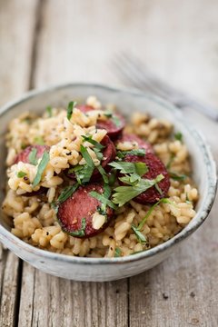 Risotto with porcini mushroom powder cabanossi