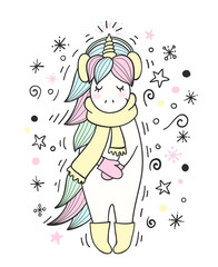 Obraz na płótnie Canvas Magic unicorn with winter accessories. Winter lettering.