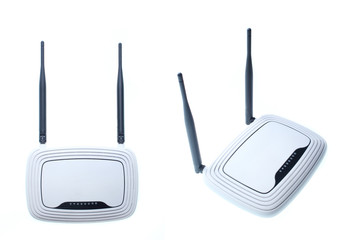 Two-antenna Wi fi router isolated on white background. Set of two different foreshortenings